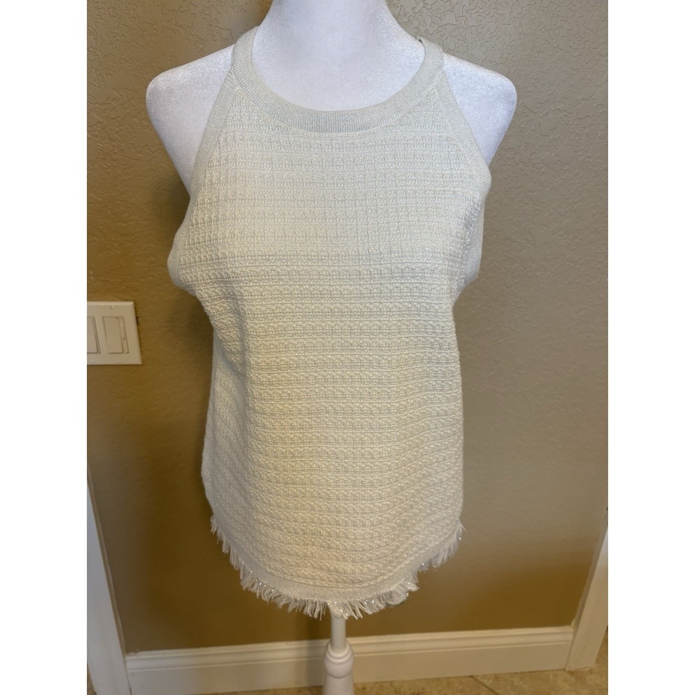 Ann Taylor Knit Halter Neck Tank Top Fringe Bottom And Silver Metallic Threads,M